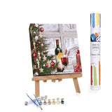 Paint by numbers kit with Christmas scene on easel and paint canisters.