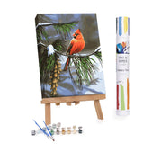 Paint by numbers kit with a completed painting of a cardinal on a branch