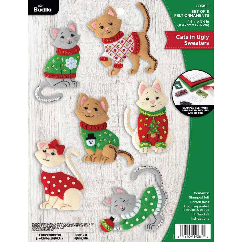 Bucilla Cats in Ugly Sweaters Felt Ornament Kit – Set of 6 Christmas Cat Ornaments