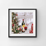 Framed artwork of a Christmas scene with a tree, wine bottle, and hot chocolate.