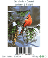 Cardinal bird on a branch with pinecones and snow, artwork by Anthony J. Padgett
