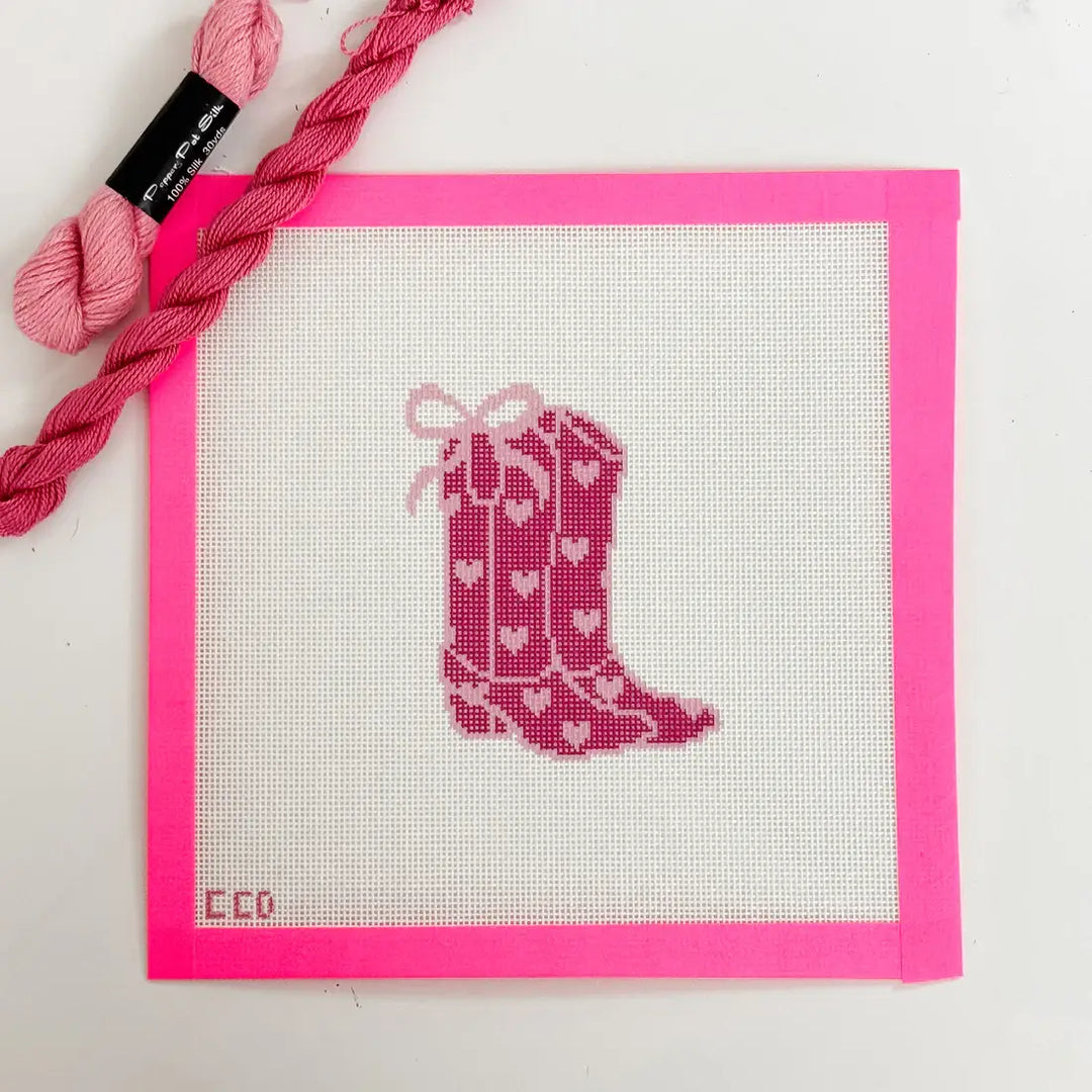 Cotswold Co Designs - Hand-Painted Heart Coquette Cowgirl Boot Needlepoint Canvas - Pisgah Needleworks