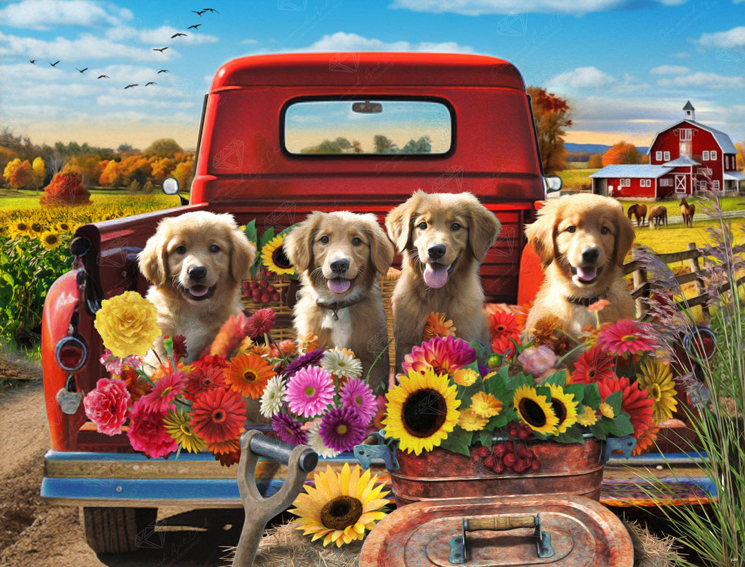 Diamond Art Club - Puppies & Flowers: Square with 62 Colors including 3 ABs and 3 Fairy Dust Diamonds / 103,689 / 36.2" x 27.6" (91.8cm x 69.9cm) - Pisgah Needleworks