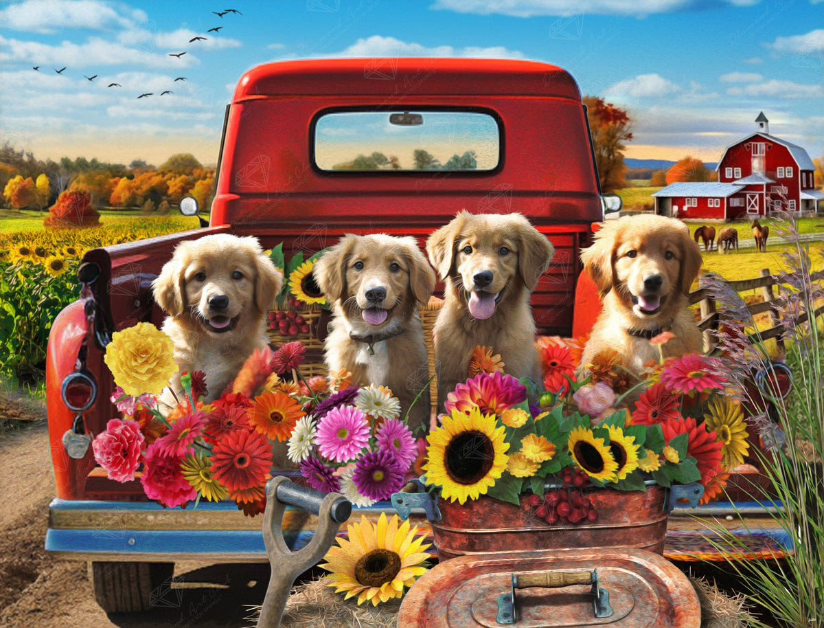 Diamond Art Club - Puppies & Flowers: Square with 62 Colors including 3 ABs and 3 Fairy Dust Diamonds / 103,689 / 36.2" x 27.6" (91.8cm x 69.9cm) - Pisgah Needleworks