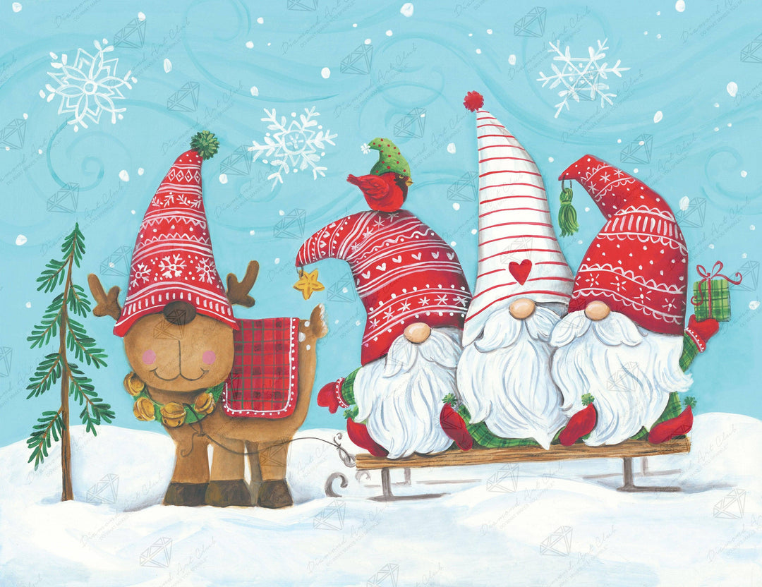 Diamond Art Club - Elf Gnome Trio with Reindeer: Round with 38 Colors including 1 ABs and 1 Fairy Dust Diamonds and 2 Iridescent Diamonds / 42,535 / 26" x 20" (66cm x 51cm) - Pisgah Needleworks