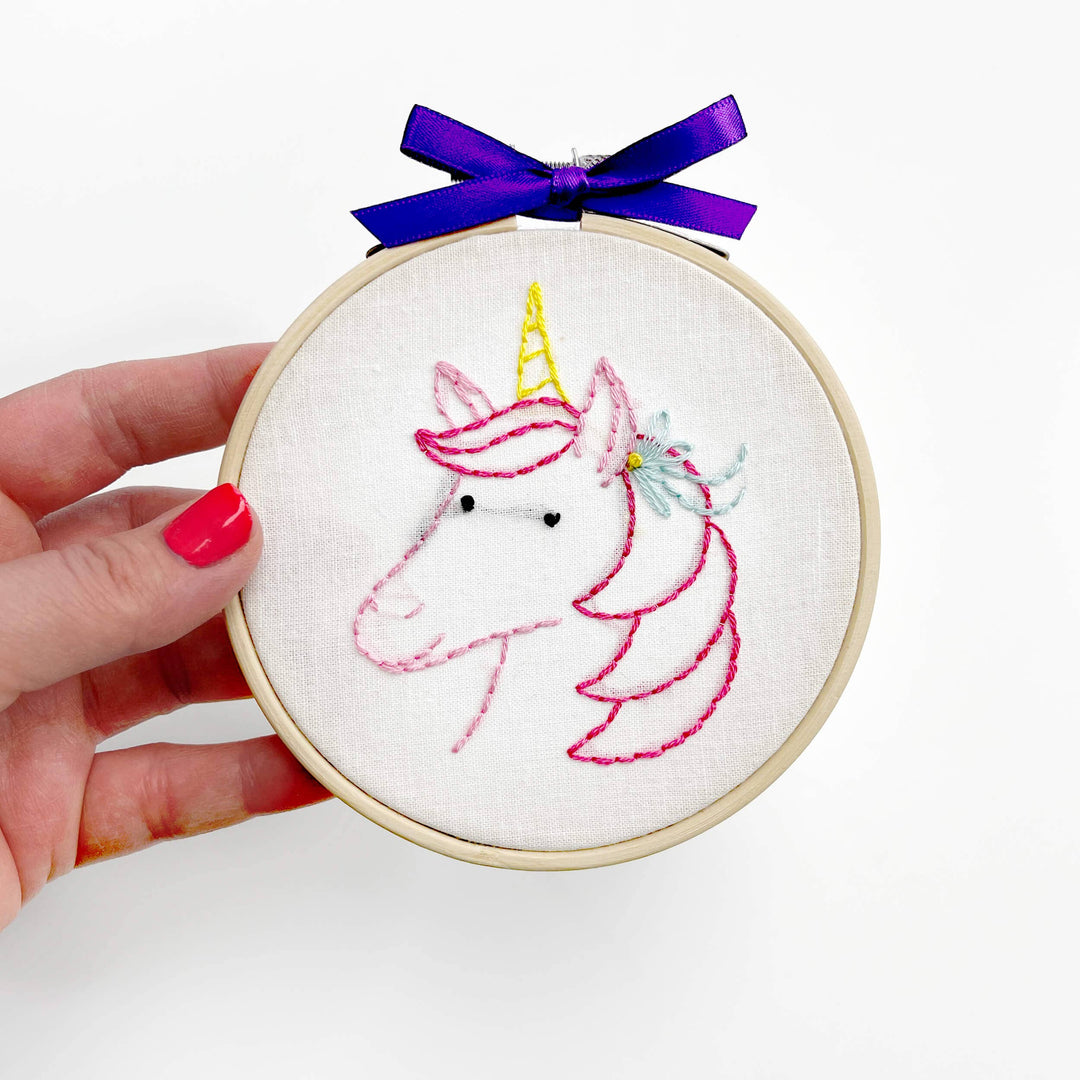 Embroidery hoop with unicorn design held by a hand on a white background