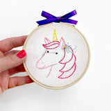 Embroidery hoop with unicorn design held by a hand on a white background