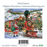 Illustration of Santa Express train with Santa Claus on a snowy landscape, featuring Bigelow Illustrations branding.