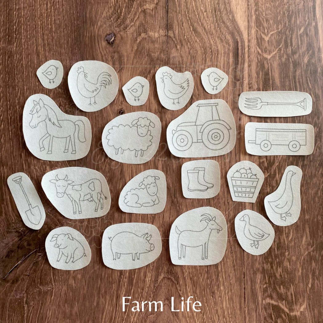 Set of farm-themed stamps on a wooden surface with 'Farm Life' text.