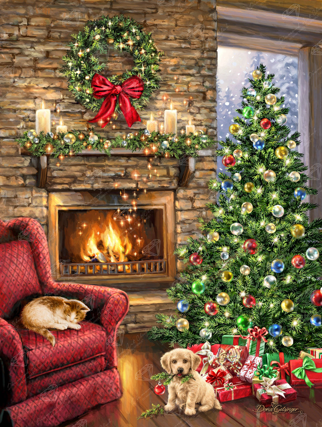 Diamond Art Club - Fireside Christmas: Square with 60 Colors including 3 AB and 2 Fairy Dust Diamonds / 104,813 / 27.6" x 36.6" (70cm x 93cm) - Pisgah Needleworks