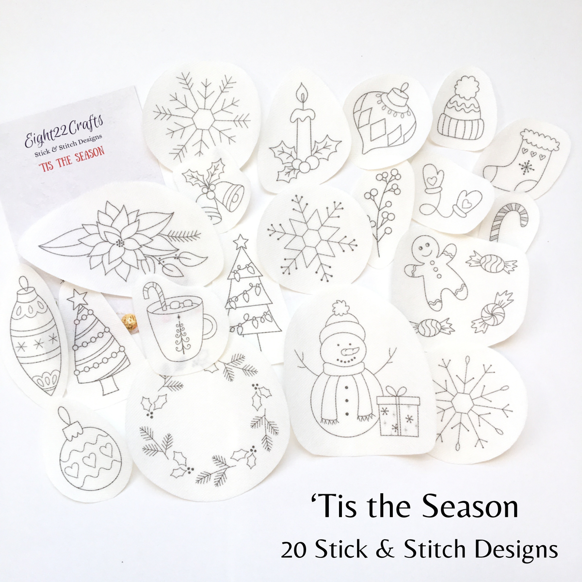 Collection of Christmas-themed stick and stitch designs on a white background with 'Eighty22 Crafts' branding.