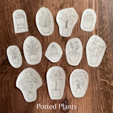 Set of potted plant illustrations on a wooden surface