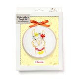 Embroidery craft kit with llama design on a yellow background