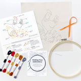 Embroidery kit with pattern, hoop, and threads on a white background