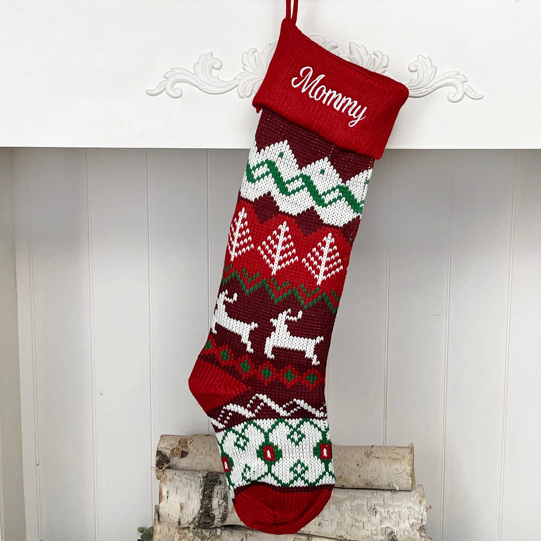 Holiday Blanks - Extra Large Knit Stocking Blanks with Snowflake Deer patterns and Pet Stockings with Woof and Meow: Deer with red cuff - Pisgah Needleworks