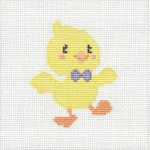 Needlepoint canvas pattern of a yellow duck with a bow tie on a white background