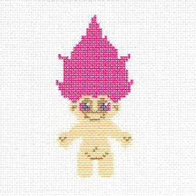 Needlepoint canvas design of a cartoon character with pink hair and yellow body on a white background
