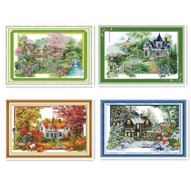 Seasons Scenic Cross Stitch Kit – Choose Spring, Summer, Autumn, or Winter Cottage Views
