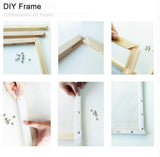 Step-by-step process of assembling a DIY picture frame using wooden sticks and nails.