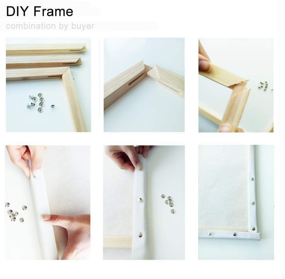Step-by-step process of assembling a DIY picture frame using wooden sticks and nails.