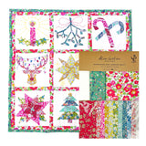 Quilt kit with colorful patterns and a label on a white background