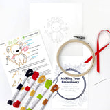 Embroidery kit with hoop, threads, and instructions on a white background