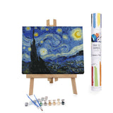 Paint by numbers kit with completed artwork on an easel and paint canister.