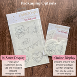 Two packages of 'Eight22 Crafts' stick & stitch designs on a wooden surface with text describing packaging options.