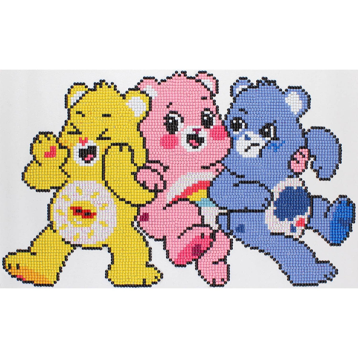 Three cartoon bears in yellow, pink, and blue on a white background