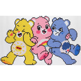 Three cartoon bears in yellow, pink, and blue on a white background