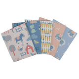 Set of six children's patterned paper sheets on a white background