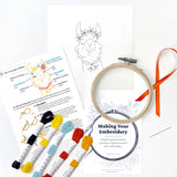 Embroidery kit with hoop, threads, and pattern sheet on a white background