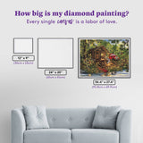 Diamond painting size chart with dimensions displayed on a wall above a sofa.