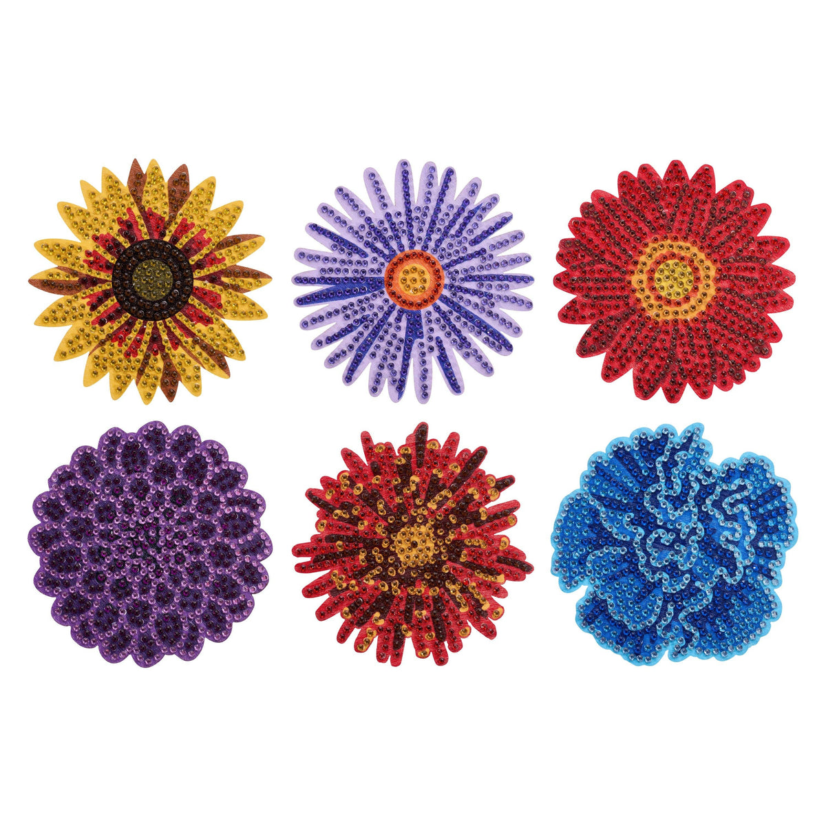 Set of six colorful beaded flower designs on a white background