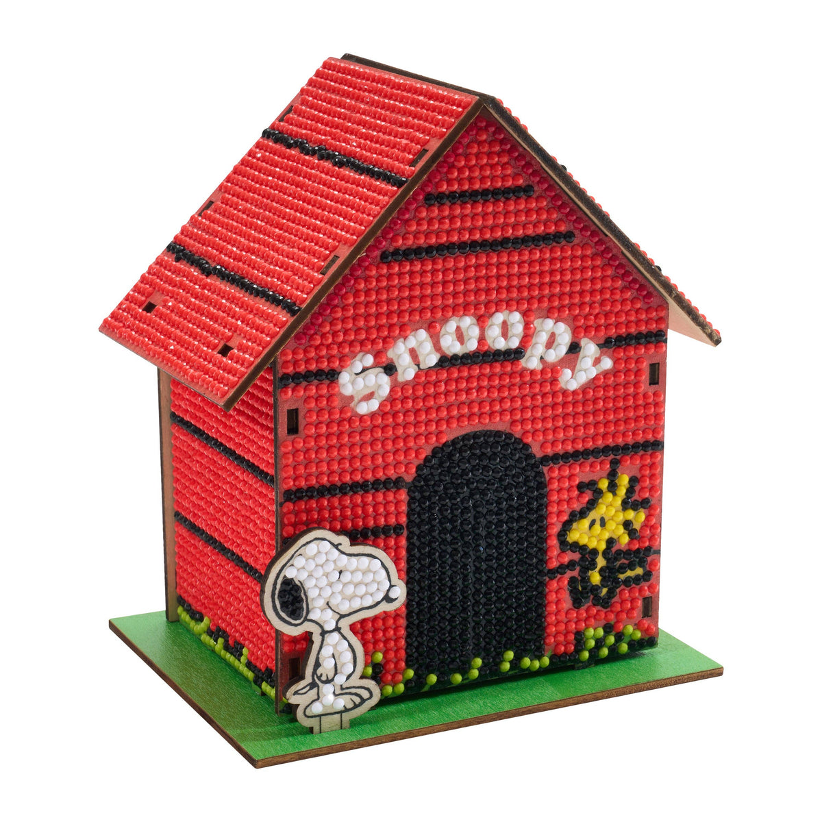 Red doghouse with Snoopy and Woodstock on a white background
