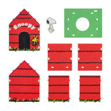 Set of red doghouse-shaped items with Snoopy and Woodstock on a white background