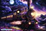Steam train on tracks at night with moon and stars