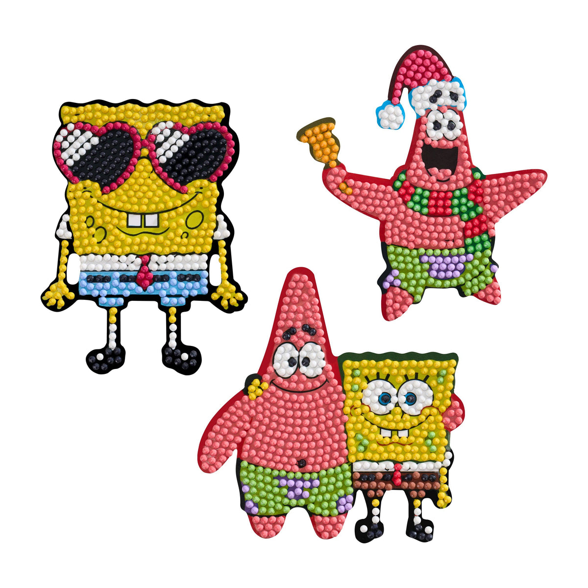 Set of diamond painting characters including SpongeBob, Patrick, and another character on a white background