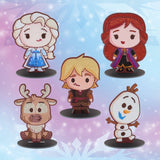 Set of six cartoon character figurines on a sparkling background
