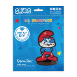 Packaging of Lil Diamondz Art Kit DIY Sparkle Pals featuring a Smurf figure on a blue background.