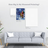 Diamond painting on a wall above a sofa with size measurements displayed.