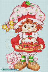 Cross-stitched design of a character with a strawberry-themed outfit and pie, on a light blue background.