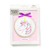 Embroidery craft kit with unicorn design on a pink background