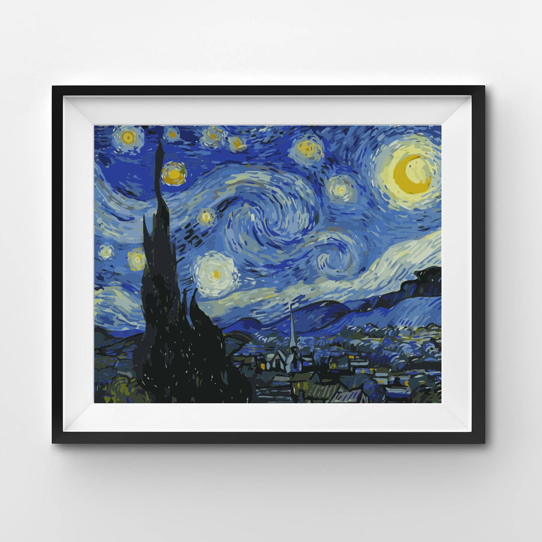 Framed artwork resembling 'Starry Night' with a dark frame on a light gray background