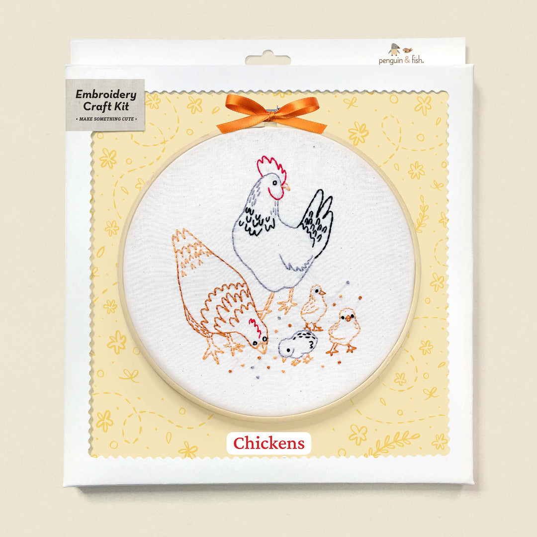 Embroidery craft kit with chicken design on packaging