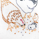 Embroidered design of a hedgehog, eggs, and chicks on fabric.