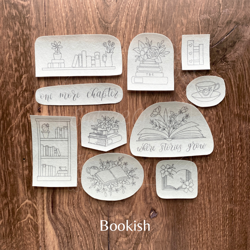 Set of book-themed coasters on a wooden surface with 'Bookish' branding.