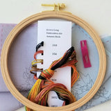 Embroidery hoop with colorful threads and a kit label on a light background
