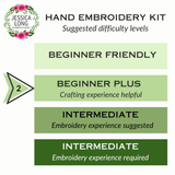 Hand embroidery kit difficulty level chart with Jessica Long Embroidery branding.