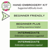 Hand embroidery kit difficulty level chart with Jessica Long Embroidery branding.